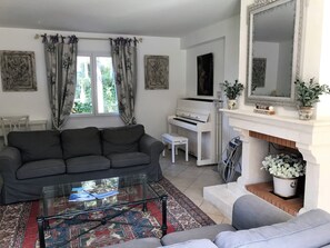 TV connectée, cheminée, lecteur de DVD, livres