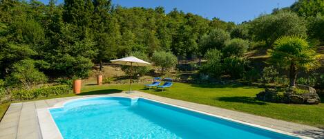 A swimming pool with a clear blue water, surrounded by a well-maintained lawn and trees.