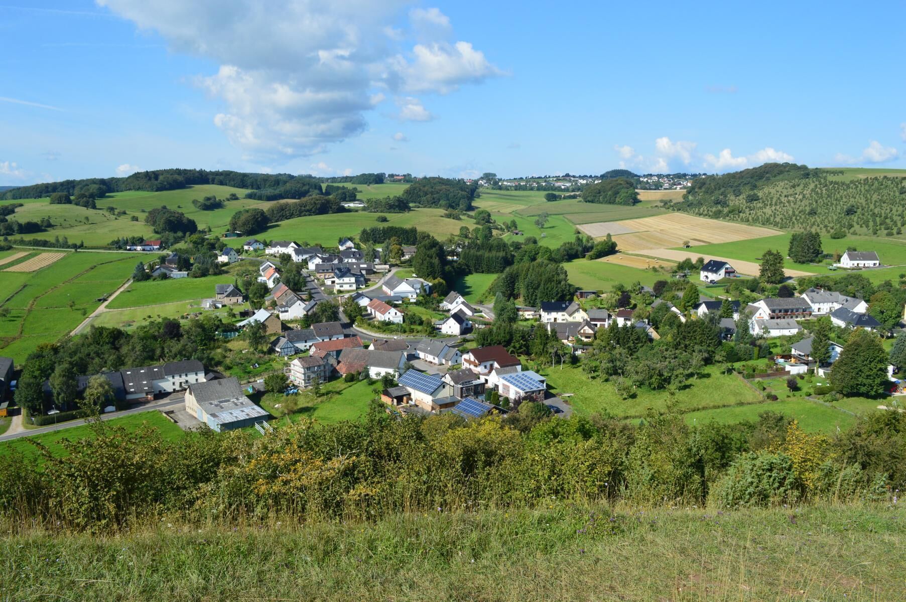 A rural village with houses surrounded by fields and greenery.