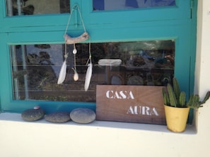 Vitrina con un letrero que dice 'CASA AURA' y una planta en maceta.