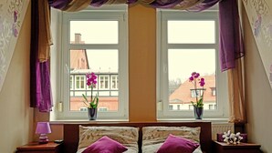 A double bed with two purple pillows, a nightstand with a lamp, and two potted plants on the windowsill. - New Feriewohnung in the heart of the valley with stunning view to Roßtrappe, **** (Thale)