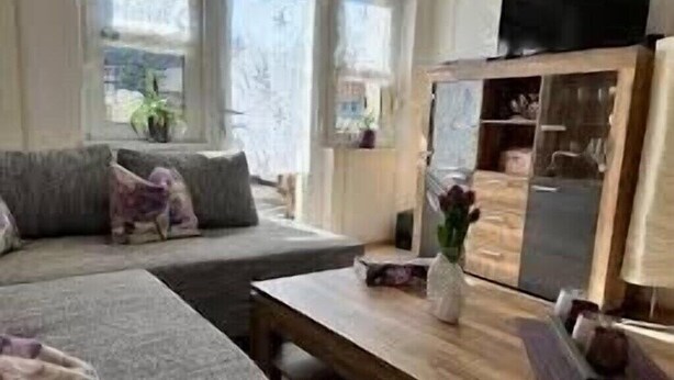 A living room with a sofa, a coffee table, and a TV. - New Feriewohnung in the heart of the valley with stunning view to Roßtrappe, **** (Thale)