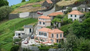 A hillside residential area with terraced houses, a small car, and a clear view of the surrounding greenery.