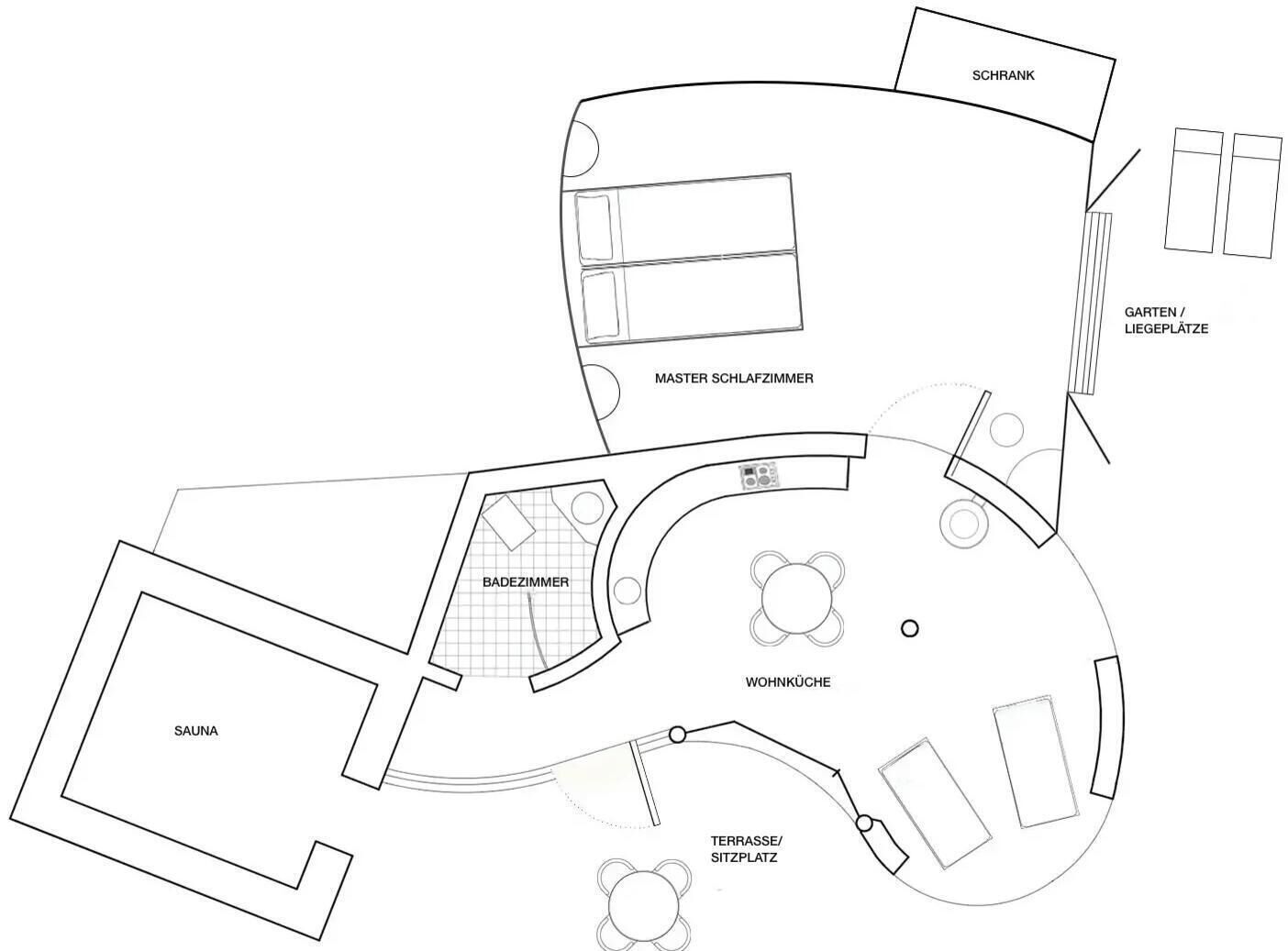 Een plattegrond met een sauna, hoofdslaapkamer, badkamer, woonkamer, terras en tuin.