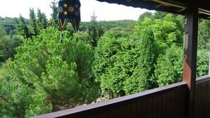 Un balcon en bois offrant une vue sur une forêt dense et verdoyante, agrémenté d’un objet décoratif suspendu.