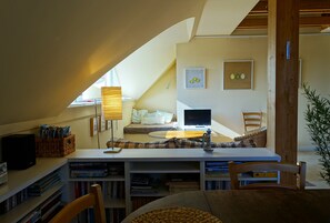 Televisio, DVD-soitin, kirjoja, musiikkikirjasto