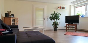 Tv, dvd-spelare, böcker och ett musikbibliotek