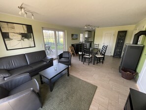 TV, fireplace, DVD player, books
