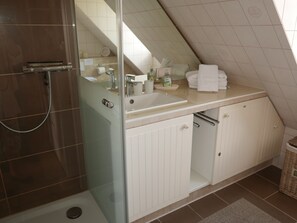 Shower, hair dryer, towels, soap