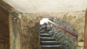 A stone staircase leading up to a wooden door.