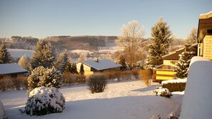 Een besneeuwd landschap met huizen en bomen.