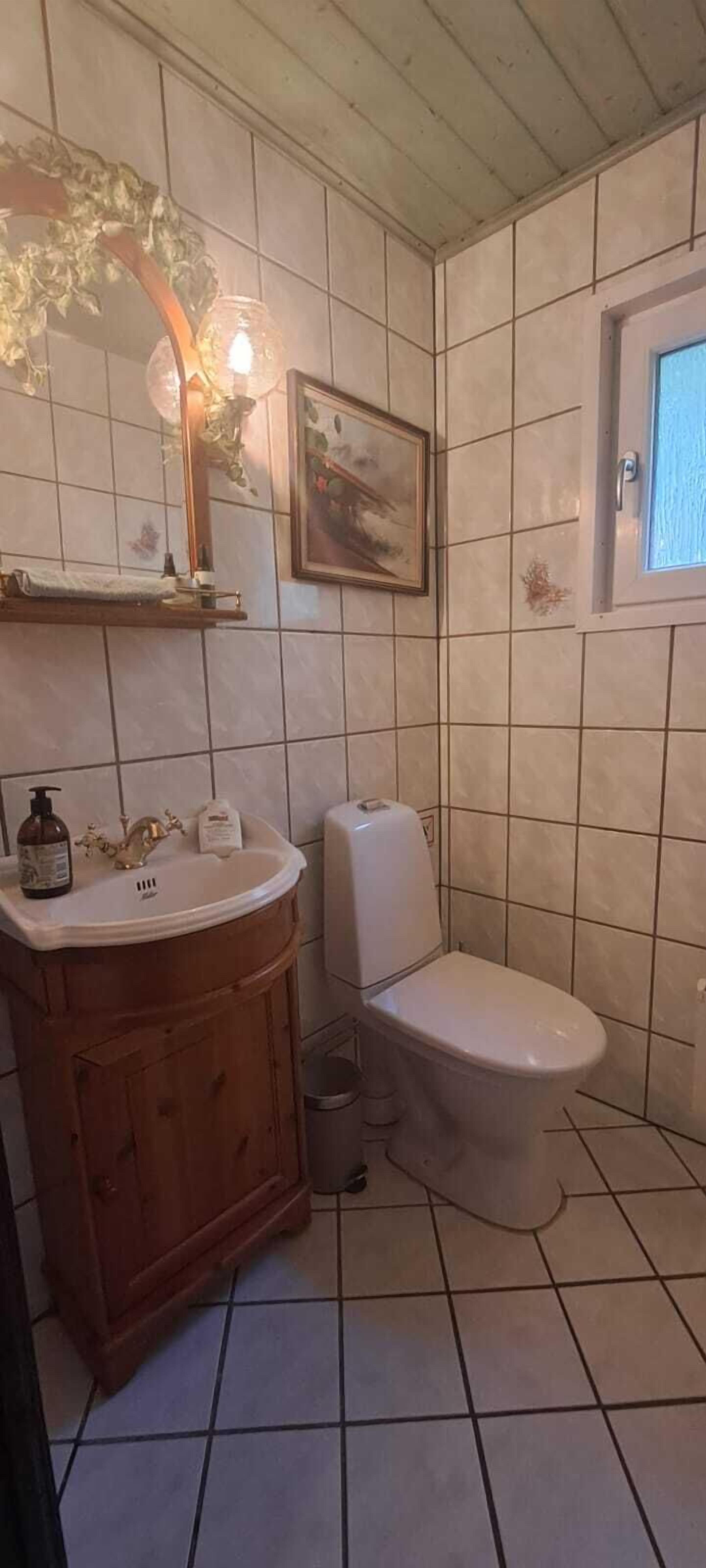 A bathroom with a wooden vanity, a white toilet, and a framed picture on the wall.