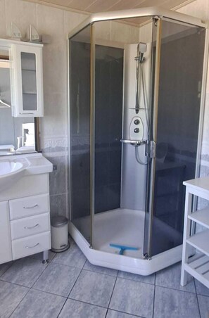 Shower, hair dryer, soap