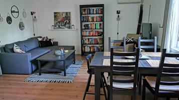 Tv, eldstad, dvd-spelare och böcker