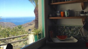 A kitchen with a view of the ocean, a wooden shelf with kitchenware, and a potted plant.
