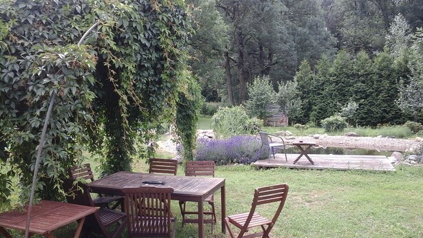 A patio with a wooden table and chairs, surrounded by lush greenery and a small pond. - 7 vacation homes ideal for family reunions not far from the Spreewald. (Lübbenau/Spreewald)