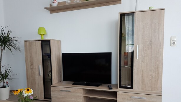 A modern living room with a flat-screen TV, wooden cabinets, a small table with a vase of flowers, and a shelf with decorative items.
