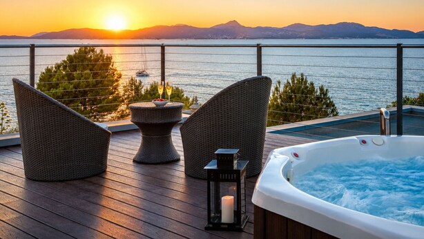 A deck with wicker chairs, a small table with a candle, and a hot tub overlooking a body of water at sunset.
