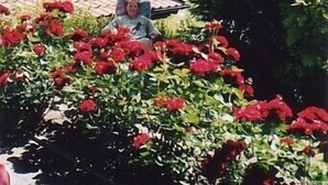Una persona sentada en un jardín con flores rojas y un tejado de baldosas al fondo.