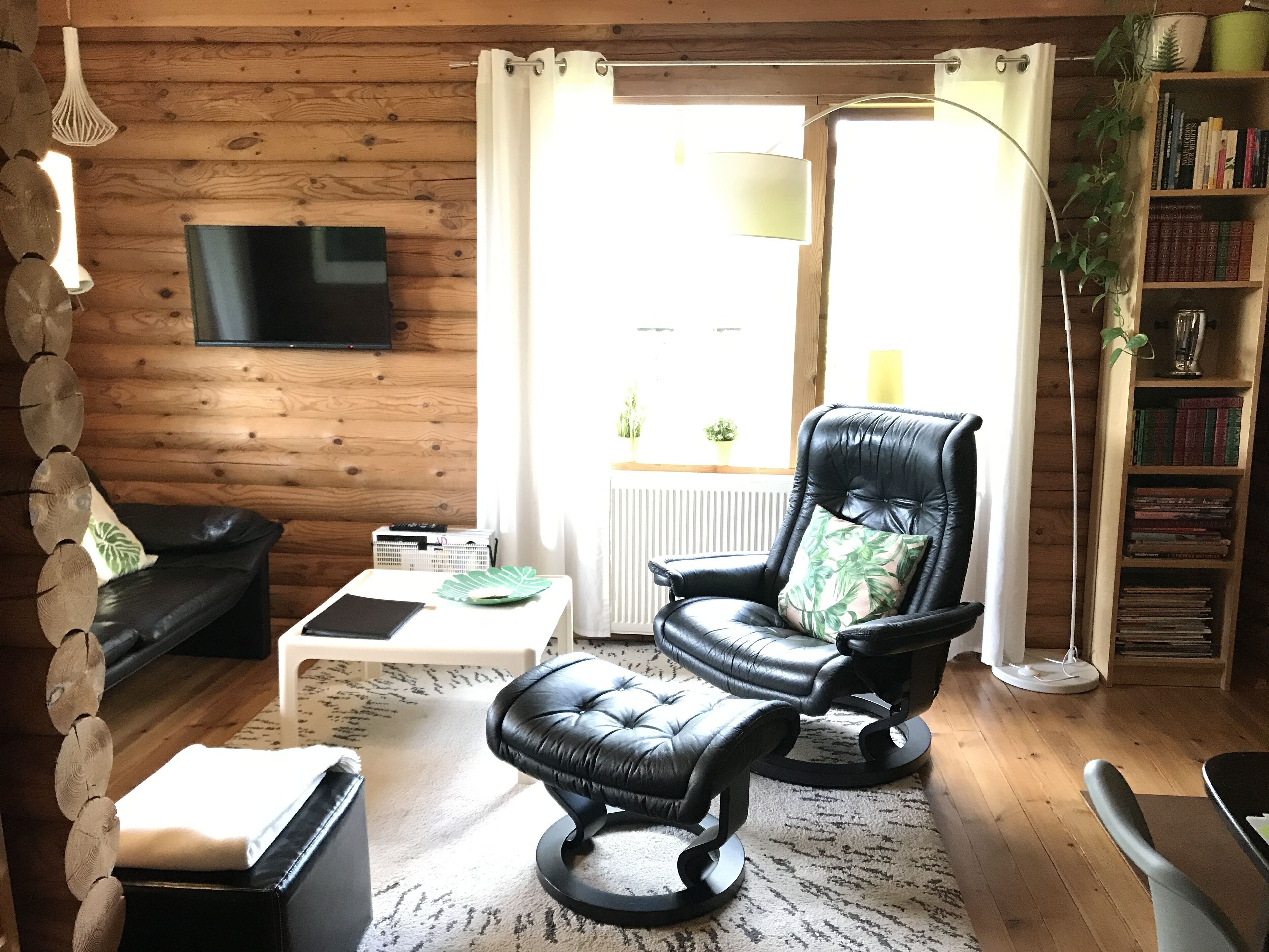 Smart TV, fireplace, books, music library