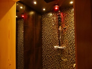 Bathtub, hair dryer, towels, soap