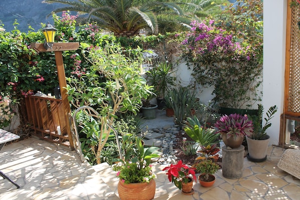A patio with various potted plants, a wooden pergola with a lantern, and a stone-tiled floor.