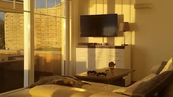 Een smart-tv, een open haard, videogames en een dvd-speler
