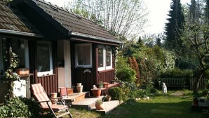 Une maison avec un porche, une pelouse et un chien.