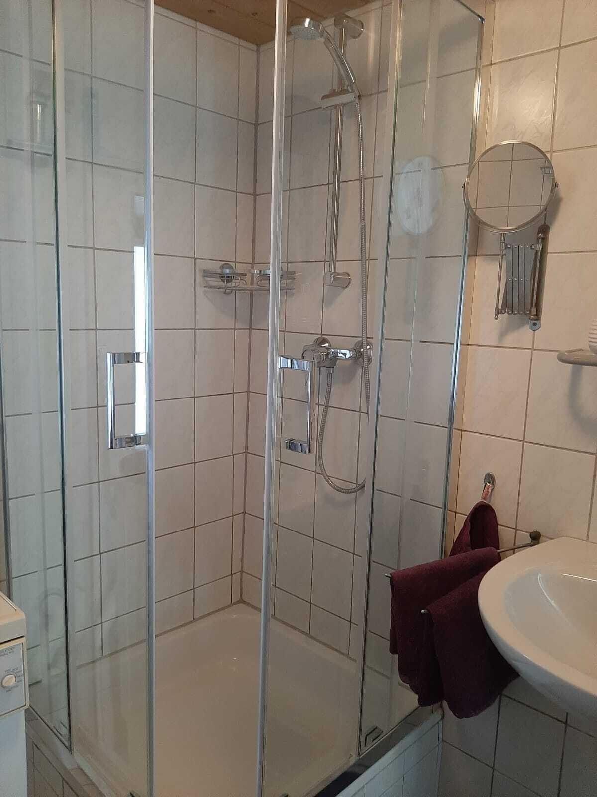 Shower, hair dryer, towels, toilet paper