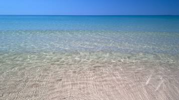 On the beach, sun loungers, beach towels