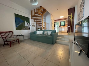 Smart TV, fireplace, video games, DVD player