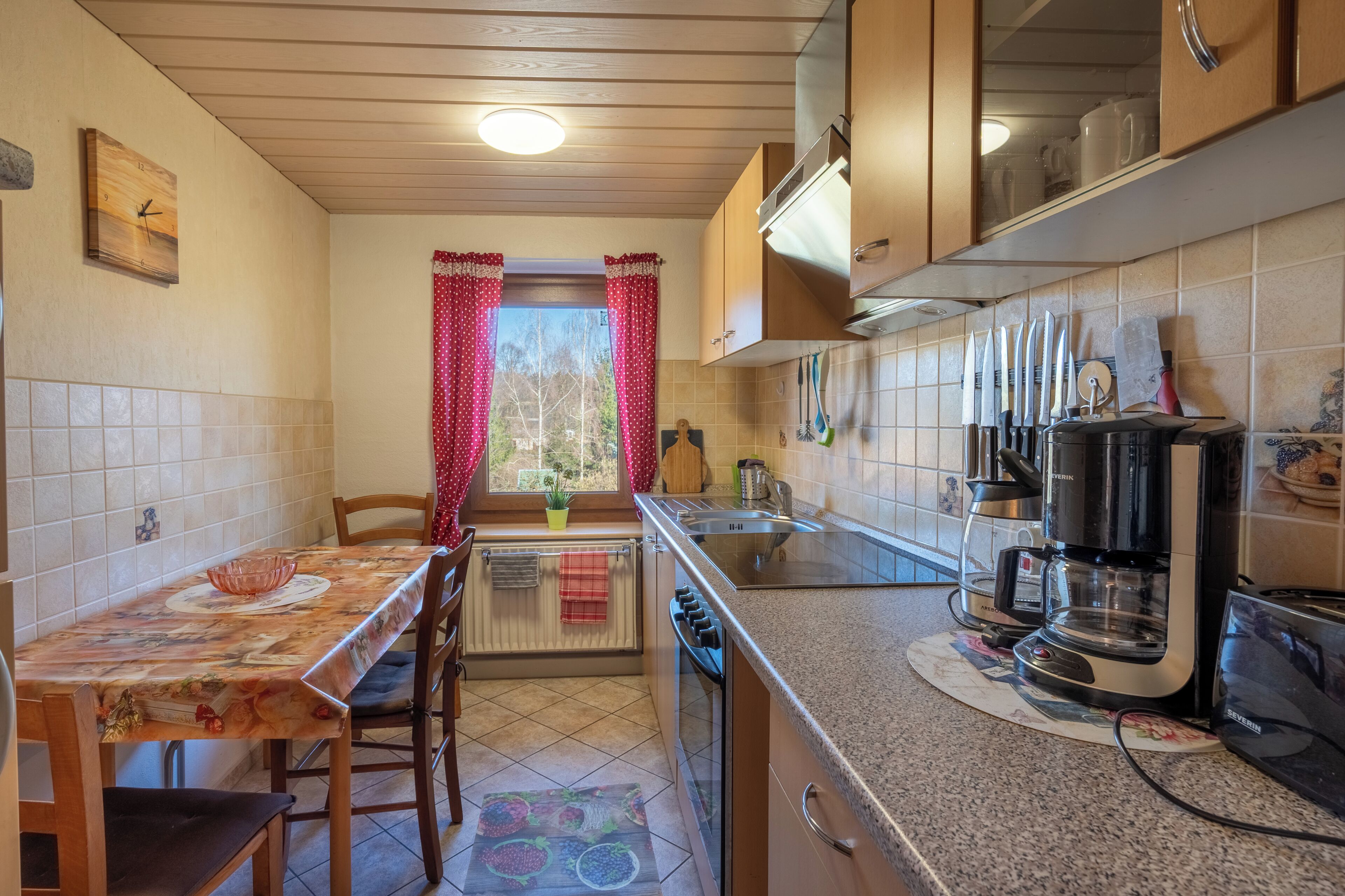 Kühlschrank, Mikrowelle, Herdplatte, Wasserkocher mit Kaffee-/Teezubehör