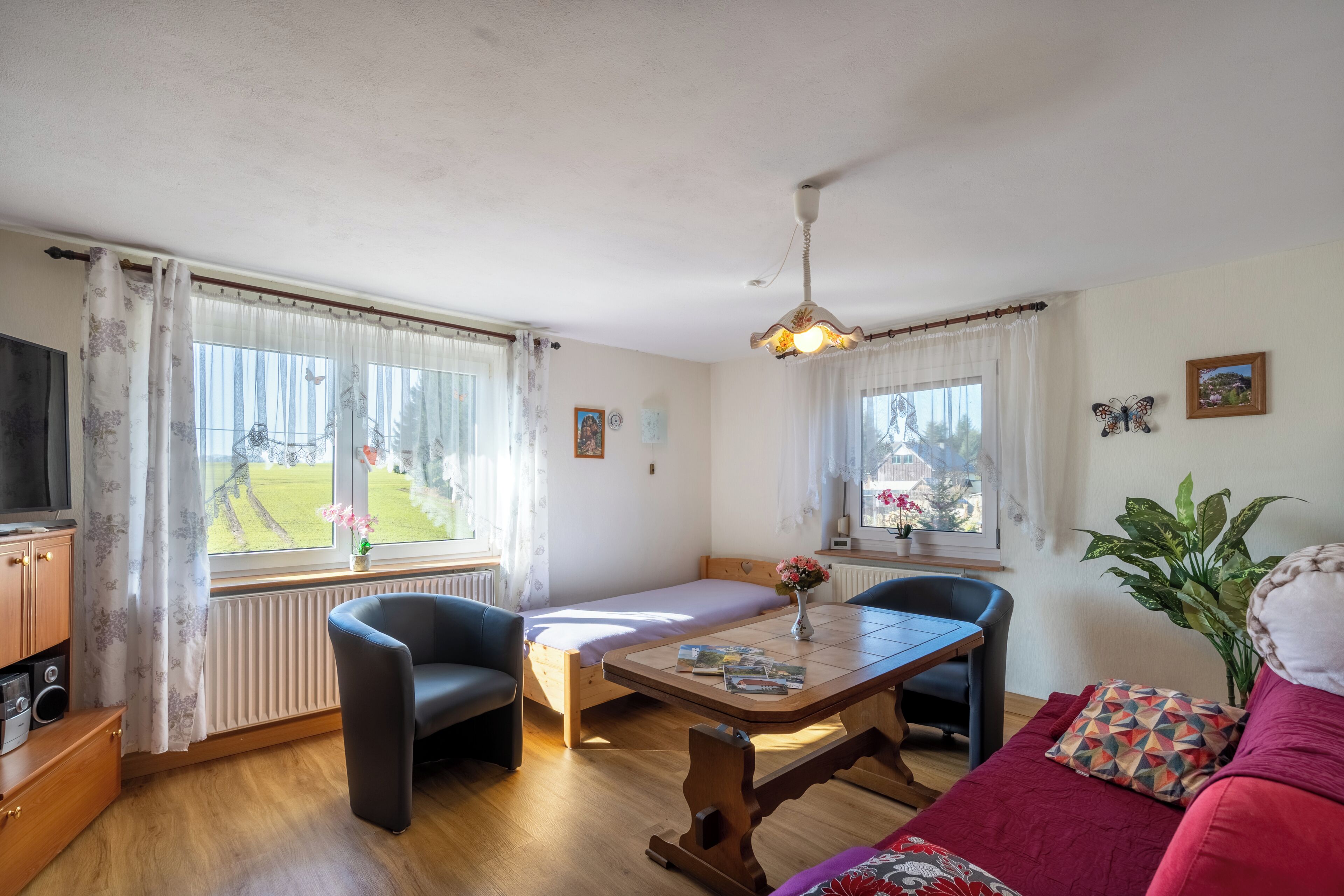 A room with a bed, a table, two chairs, a TV, a radiator, and a window with curtains.