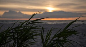 Escena de playa con olas y un atardecer al fondo.