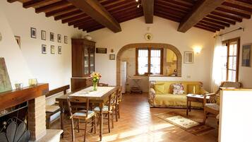 TV, caminetto, libri, impianto stereo