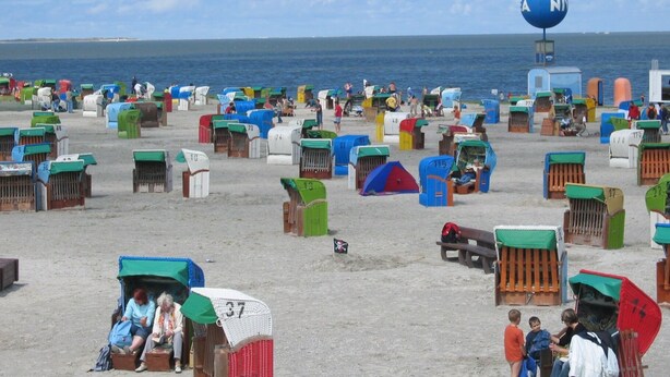 Una playa con numerosas cabañas de playa coloridas, numeradas para identificarlas.