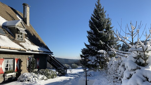 A snow-covered house with a chimney, a staircase, and a snow-covered tree in the background. - Large cozy apartment centrally in Winterberg with panoramic views (Winterberg)