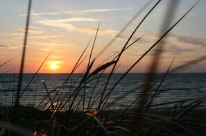 Ein Sonnenuntergang über dem Meer, im Vordergrund Gras.
