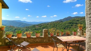 Una terrazza con tavolo e sedie, piante in vaso e vista sulle montagne verdi.
