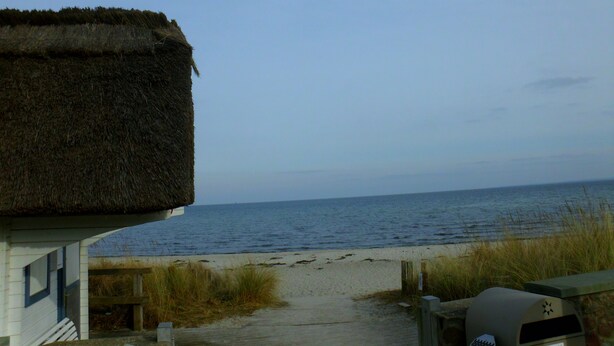 A beach view with a thatched-roof structure and a mailbox labeled "Abfall". - Experience the Baltic Sea up close and intense. (Haffkrug)