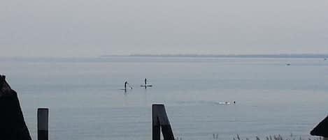 A beach view with two paddleboarders in the water, a beach umbrella, and a wall with a fence.