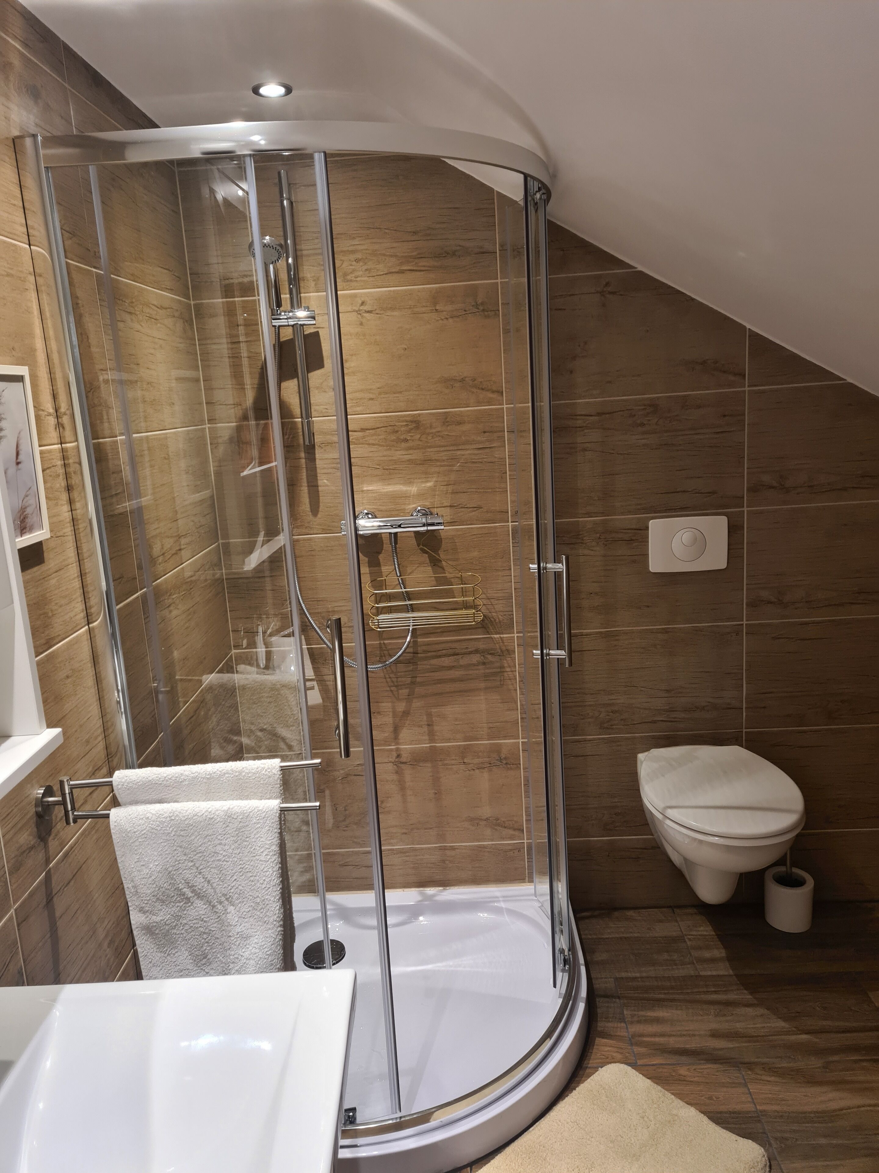 A modern bathroom with a glass-enclosed shower, a toilet, and a sink.