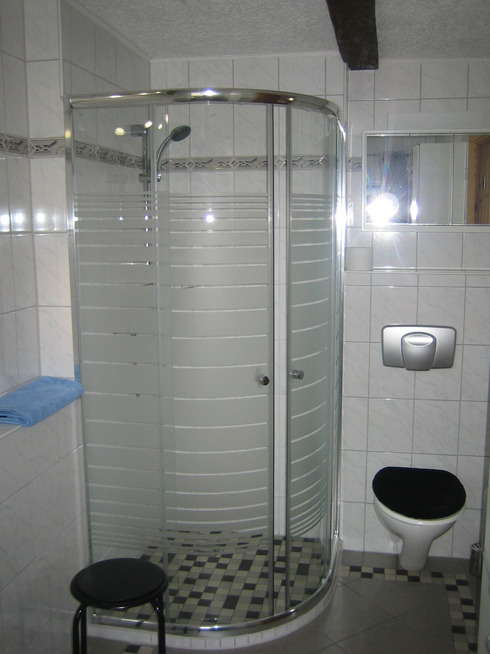 A bathroom with a glass shower enclosure, a toilet, and a sink with a soap dispenser.