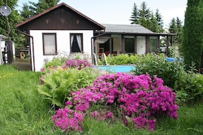A house with a pool, surrounded by lush greenery and vibrant flowers.