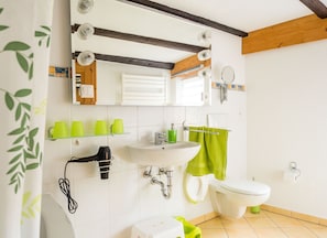 Bañera con ducha, secador de pelo, toallas, jabón
