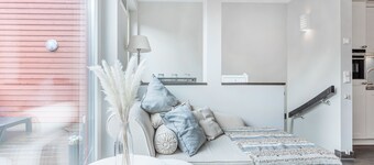 5*Galeriewohnung am Strand, 20m² Süd-West-Dachterrasse mit Außenkamin,priv.Sauna