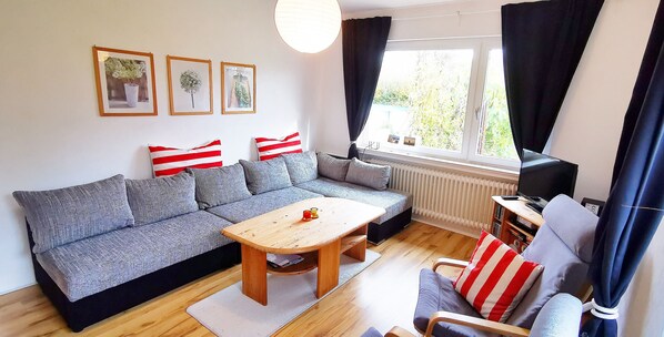 Televisión, reproductor de DVD, libros y biblioteca musical 