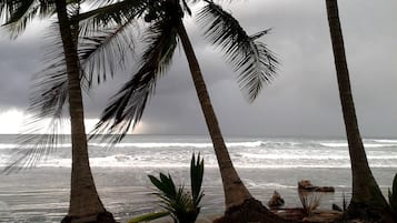 On the beach, sun loungers