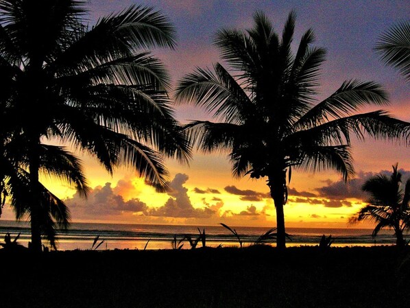 On the beach, sun loungers