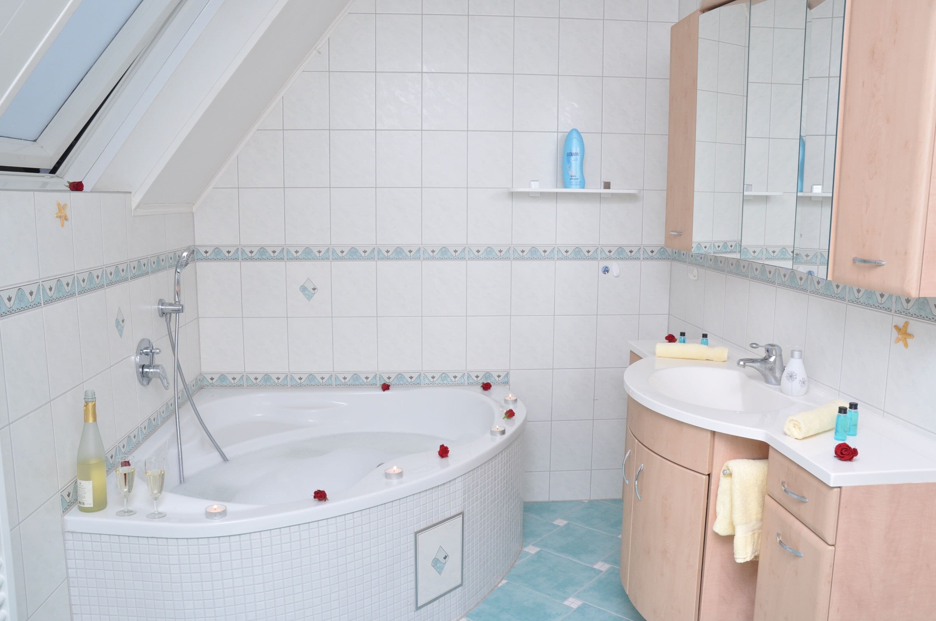 Tina, amenidades de baño gratuitas, secadora de cabello, toallas 